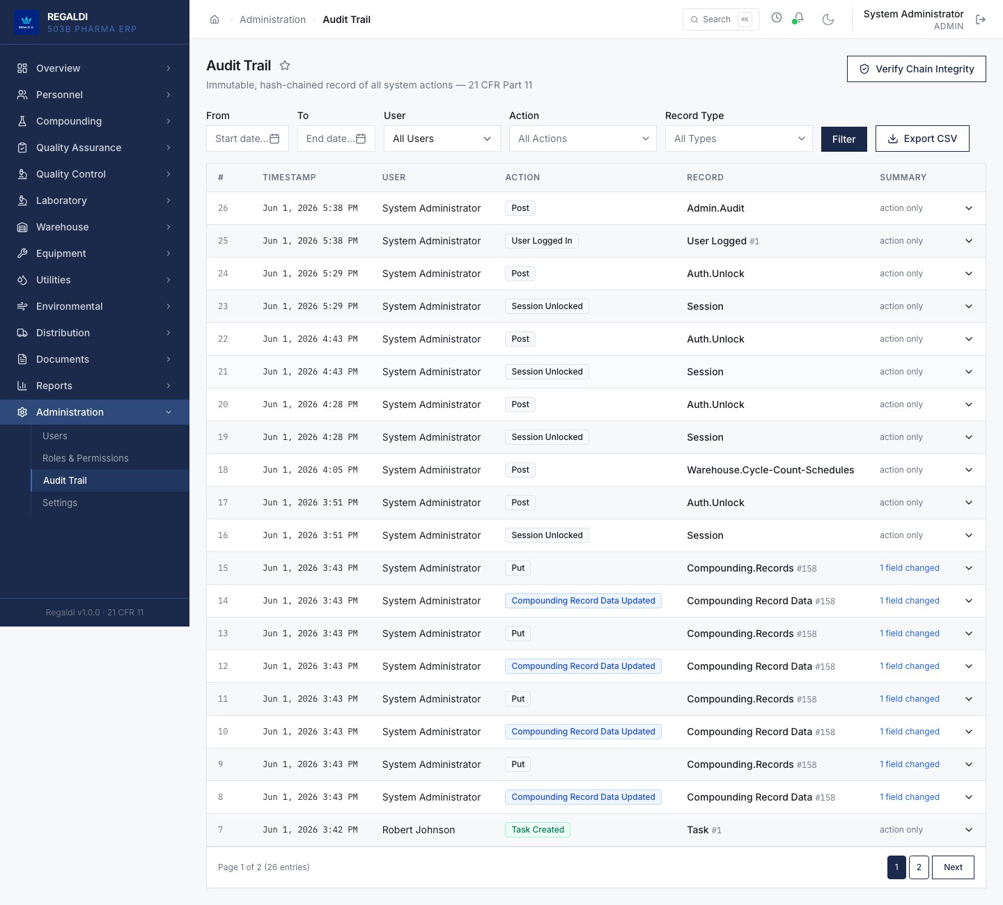 The hash-chained audit trail screen in the pharma ERP, listing timestamped actions by user with a Verify Chain Integrity control, under 21 CFR Part 11.