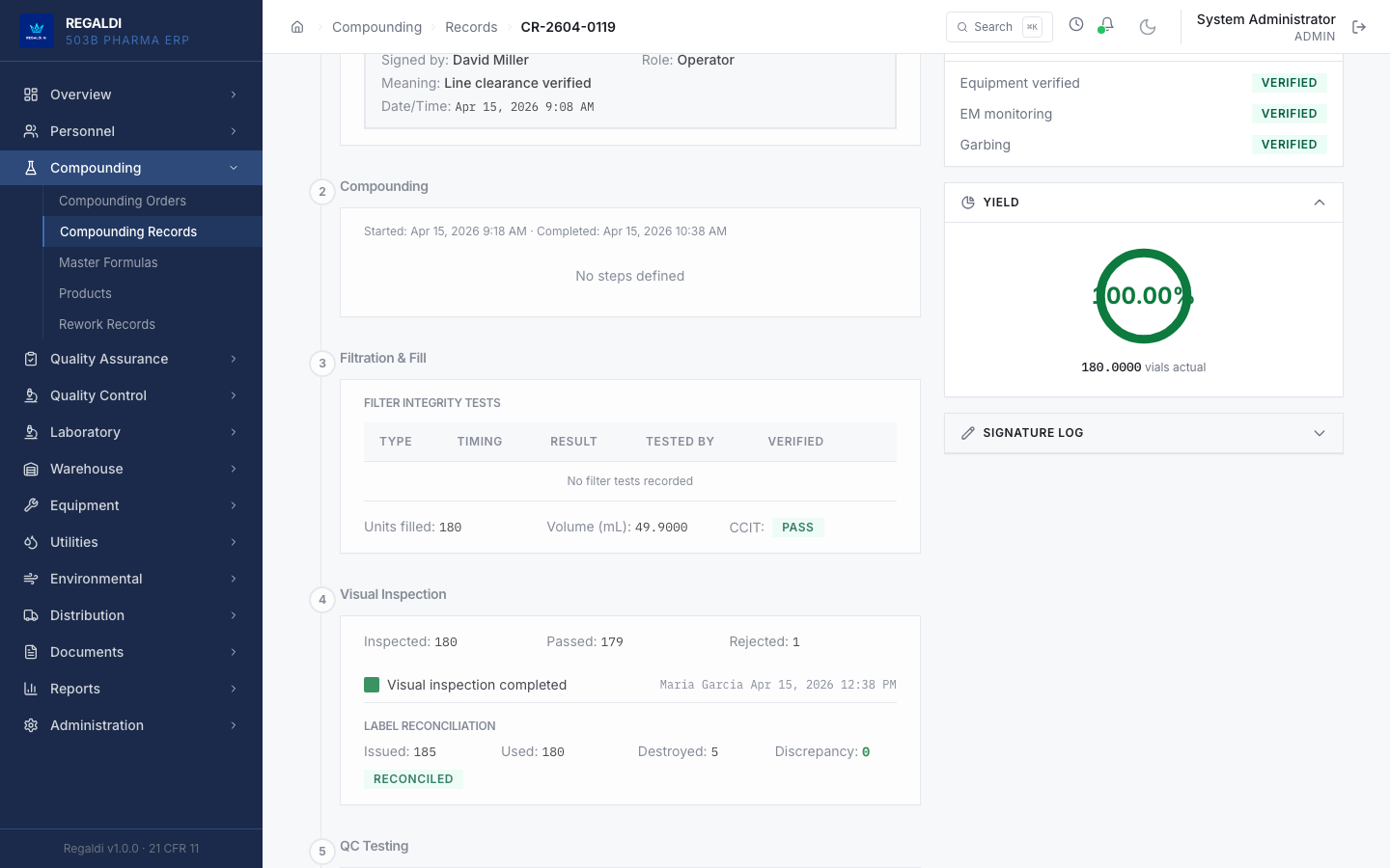 An electronic batch record in the pharma ERP showing the compounding phases with in-place electronic signatures for line clearance and QC approval, filter-integrity and CCIT results, visual inspection, and label reconciliation.