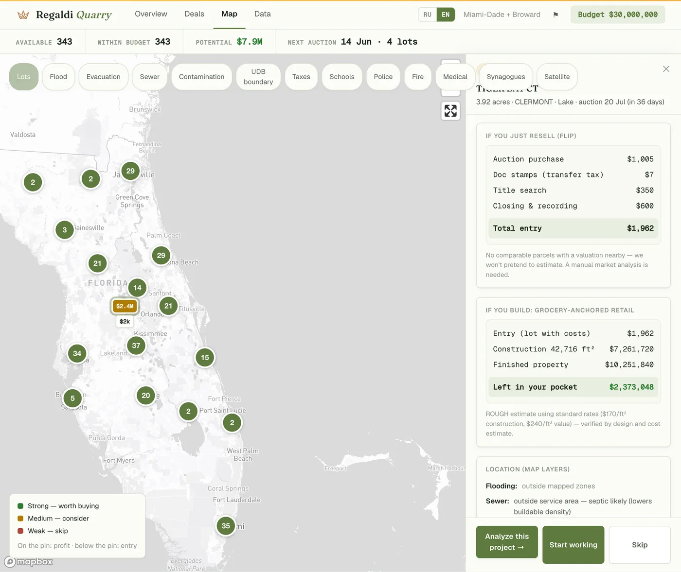 Quarry lot passport: flip and build economics, flood and utility flags, and actions, beside the lot on the statewide map.
