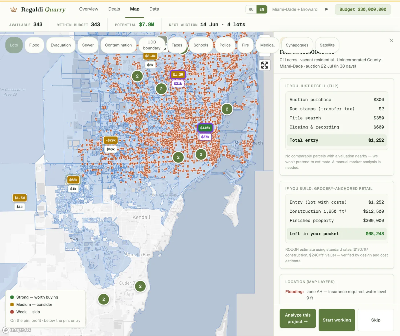 Quarry statewide map: auction lots across all of Florida with risk-layer toggles and a buy/skip legend.