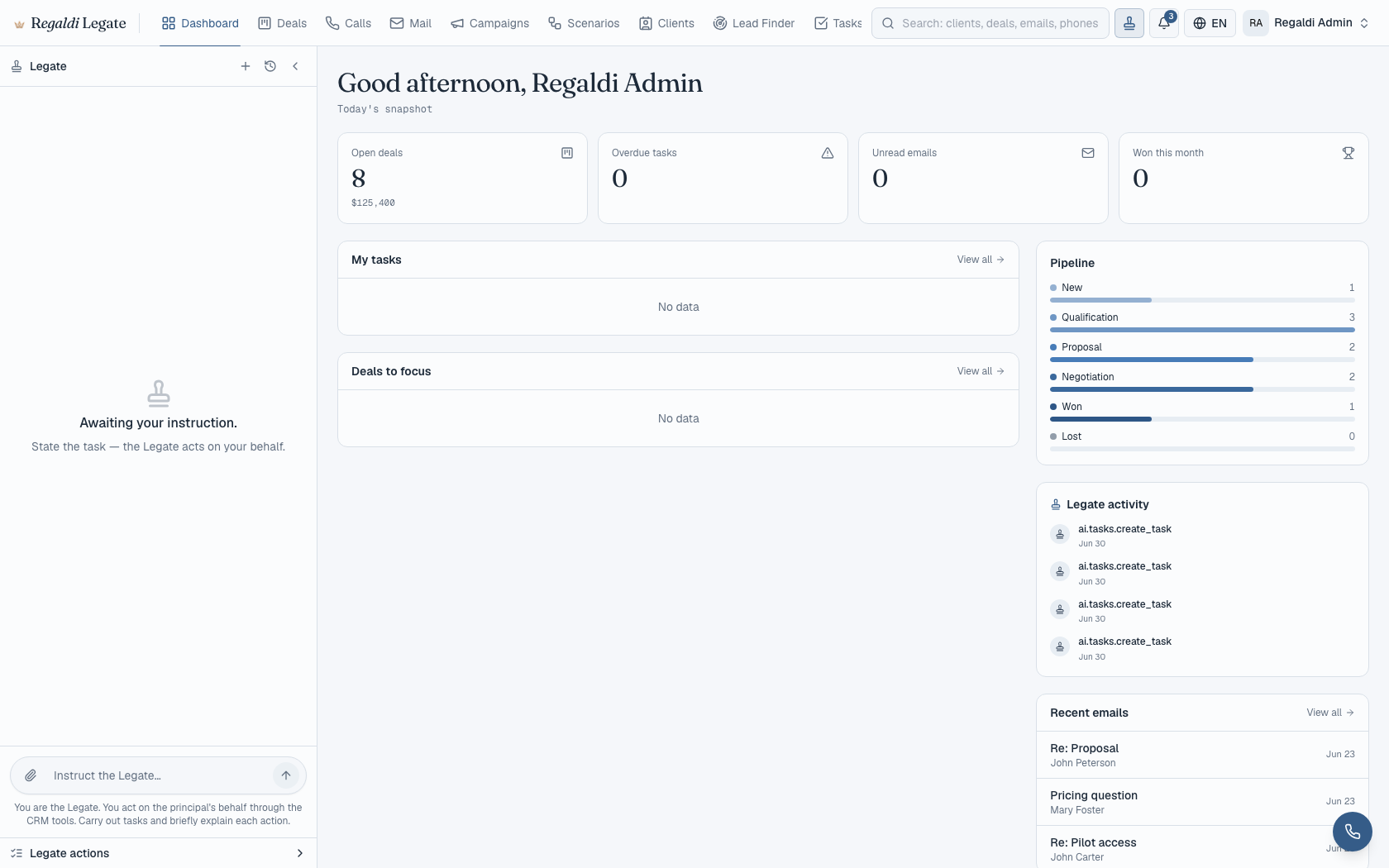 Legate dashboard: pipeline, tasks, and assistant activity