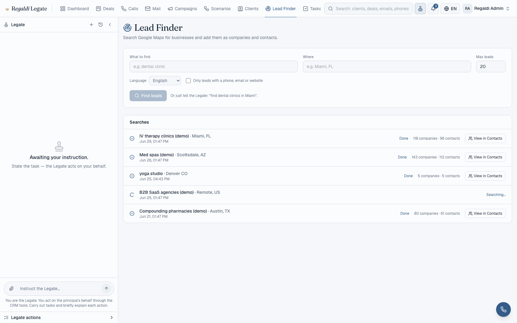 Legate Lead Finder: prospect searches with company and contact counts