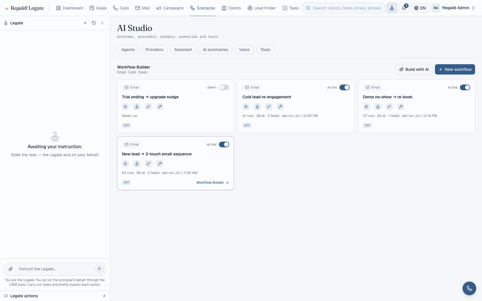Legate workflow builder: named sequences with live run history