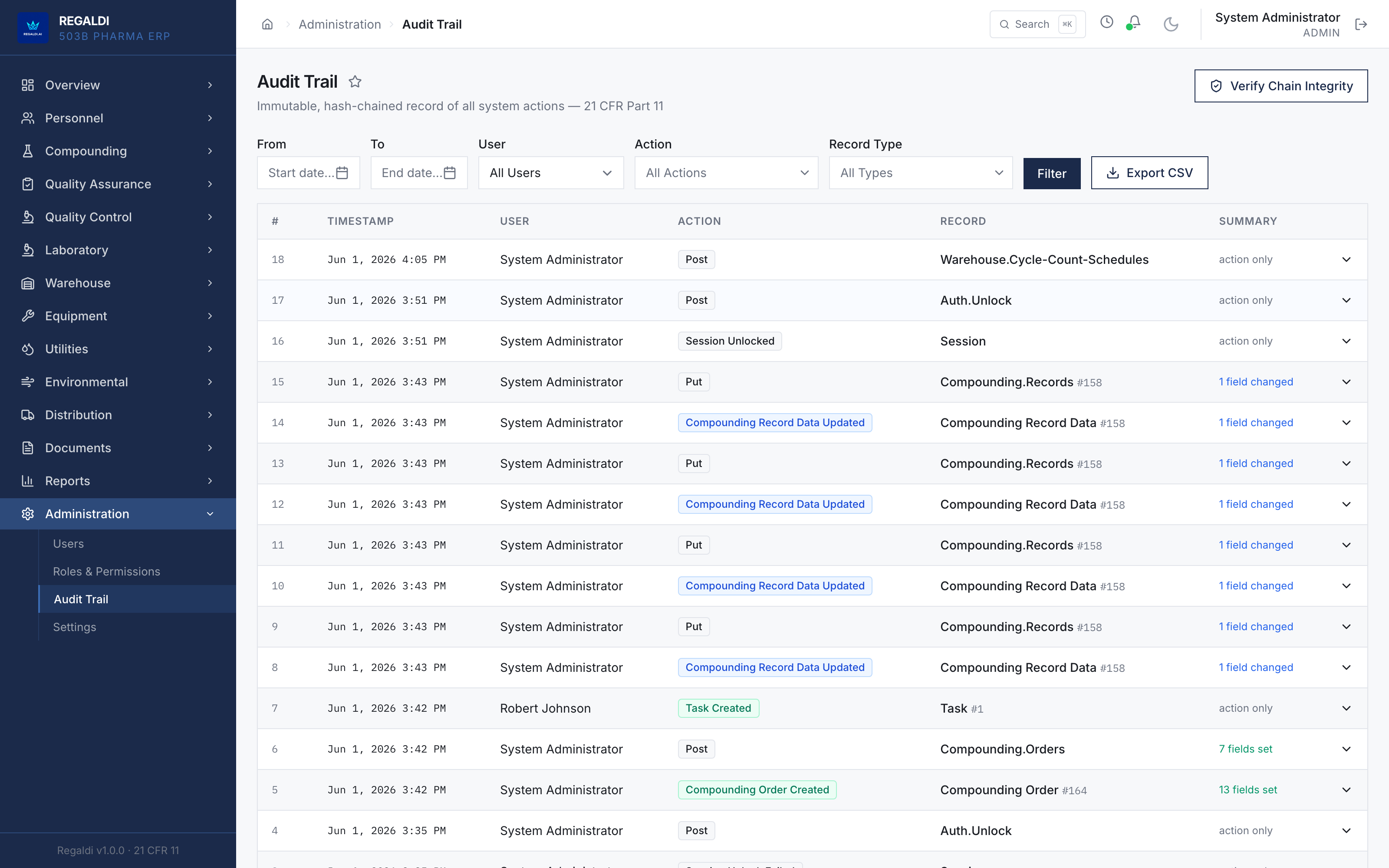 Audit Trail: SHA-256 hash-chained record of all system actions, with a per-entry hash column and a Verify Chain Integrity action.