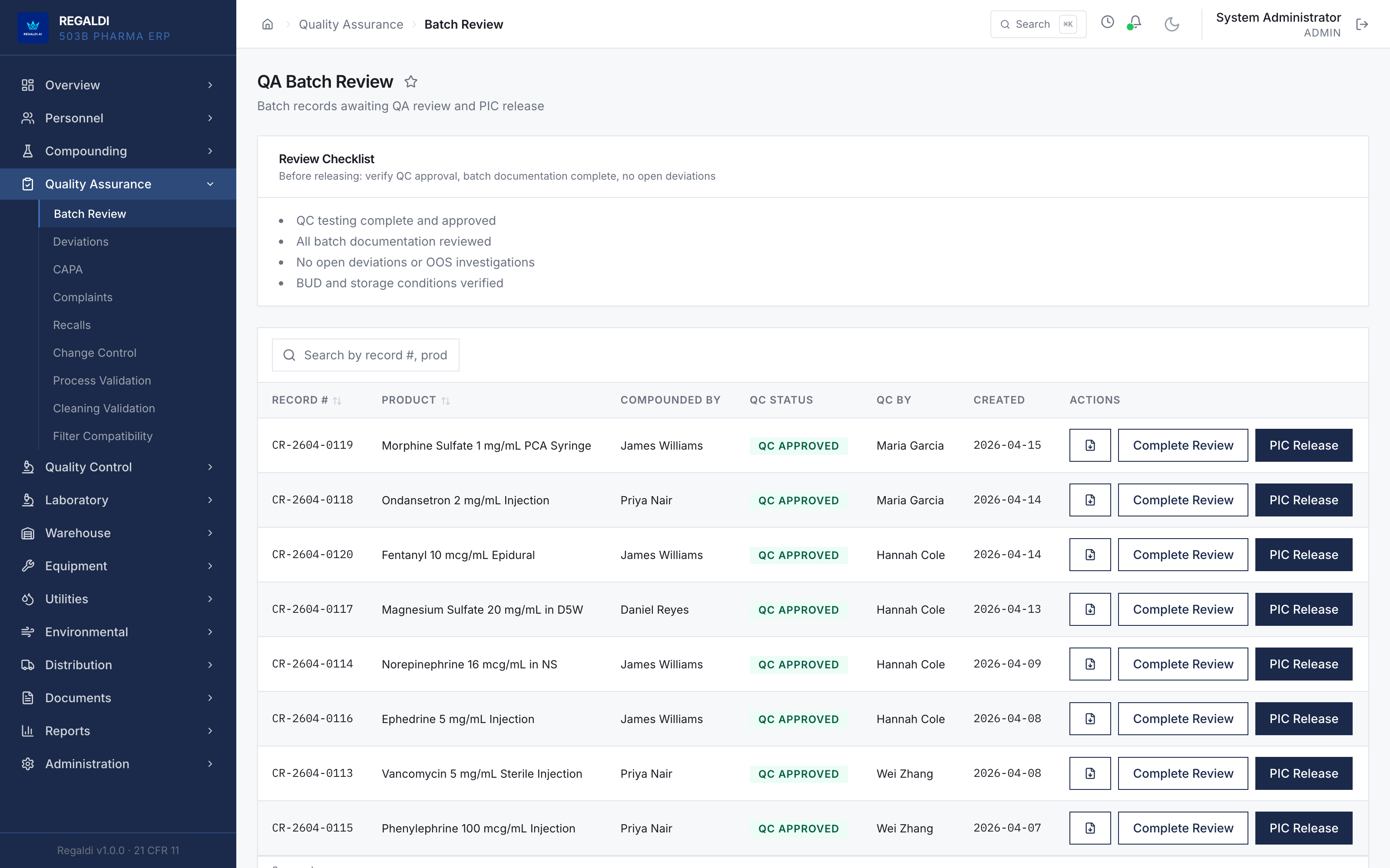 QA Batch Review: records awaiting QA review and PIC release, each QC-approved, with a release checklist and Complete Review / PIC Release actions.