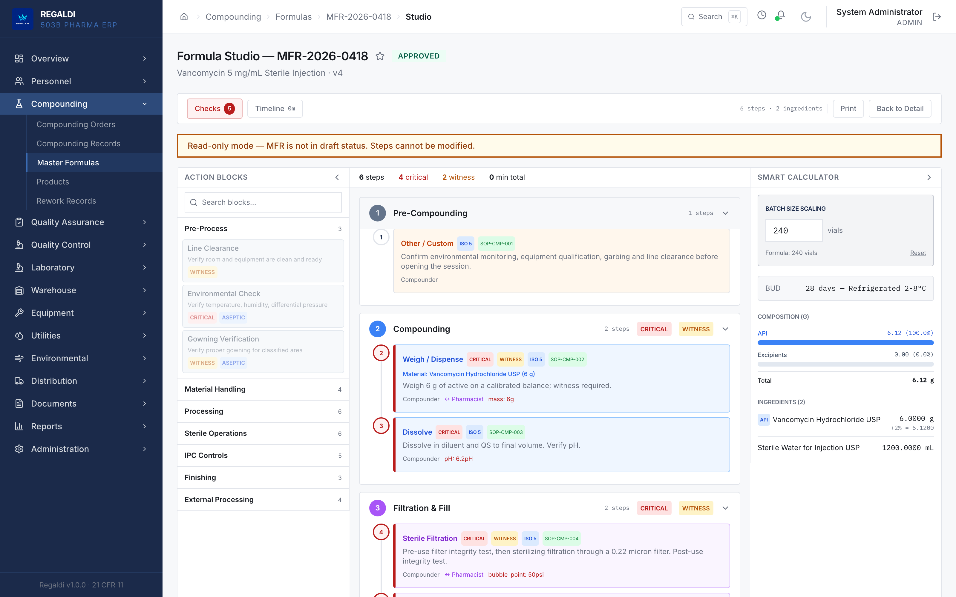 Formula Studio: Master Formulation Record MFR-2026-0418, version 4, approved, with action blocks, process steps, and the batch-scaling calculator.