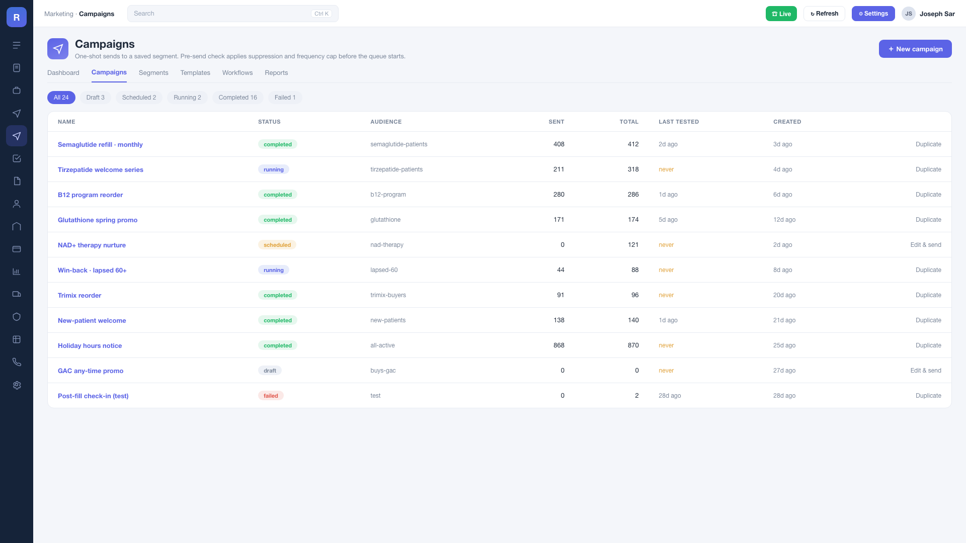 Campaigns: a list of sends to product and lifecycle segments with statuses: completed, running, scheduled, draft.