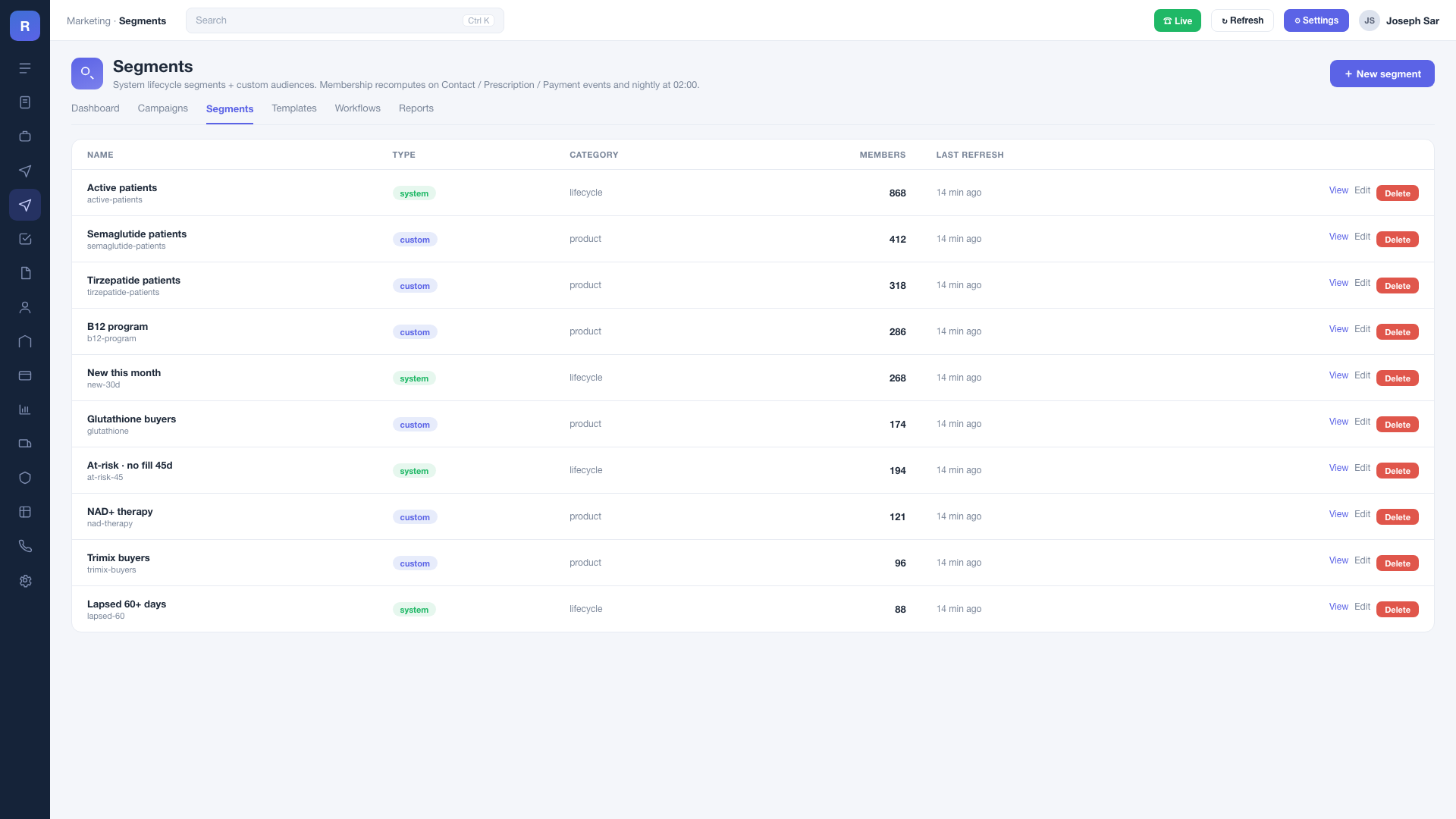 Segments: system lifecycle and custom product audiences with live member counts and recent refresh times.